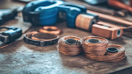 Coiled copper wires, electrical tape, and wire strippers on a workbench beside safety manualの素材