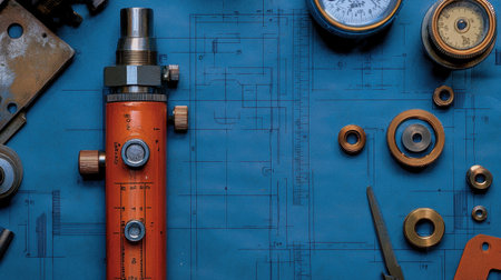 Close-up of thread pitch gauge, dial caliper, and thread-cut components on blueprint paperの素材