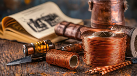 Coiled copper wires, electrical tape, and wire strippers on a workbench beside safety manualの素材