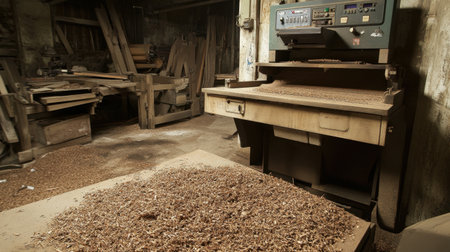 CNC machine in operation with metal shavings around the work area and control panel in the foregroundの素材