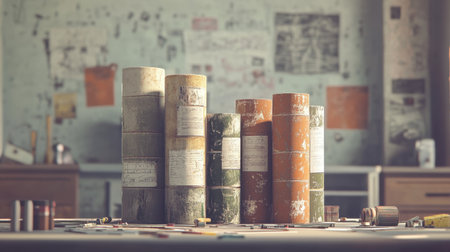 Concrete testing cylinders and lab tools in a civil engineering lab setting with clean backgroundの素材