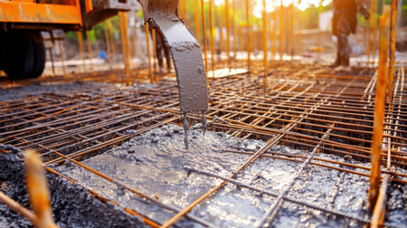 Concrete pouring process in progress at a building foundation with ready-to-use molds, reinforcements, and mixing trucksの素材