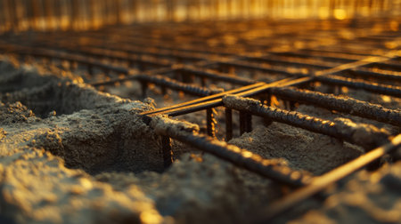 Concrete foundation in preparation with steel reinforcements in place and ready for slab pouringの素材