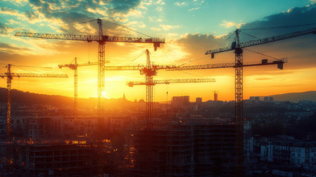 Construction equipment on a building site, including cranes, steel columns, and structural reinforcements ready for assemblyの素材