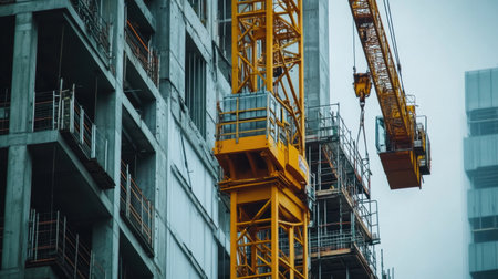 Construction equipment on a building site, including cranes, steel columns, and structural reinforcements ready for assemblyの素材