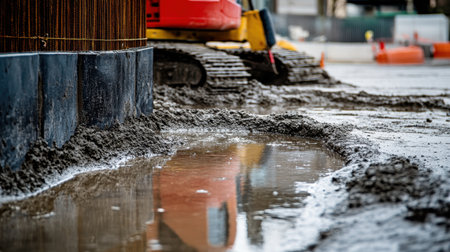 Construction site showing freshly poured concrete, formwork, and leveling tools in useの素材