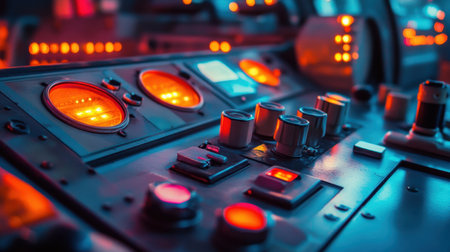 Control room panel with process safety indicators, alarm lights, and safety interlocks in viewの素材