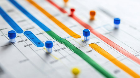 Critical path diagram printed on white paper with notes and dependencies marked in different colorsの素材