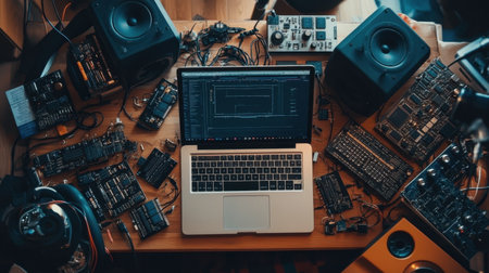 Desktop with laptop running PCB design software, technical datasheets, and loose electronic componentsの素材