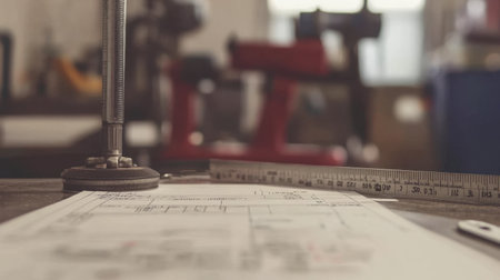 Desktop with open project management software, engineering specs, and a checklist beside a ruler and scaleの素材