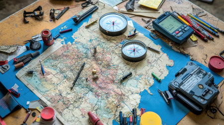 Detailed topographical map spread across a drafting table with compass, markers, and laser distance meterの素材