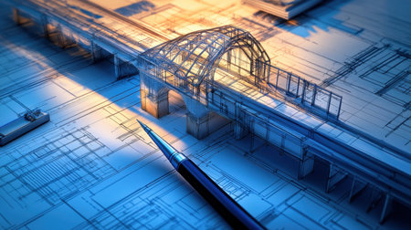Drafting tools and laser pointer aligned on blueprint of bridge cross-section and load specsの素材