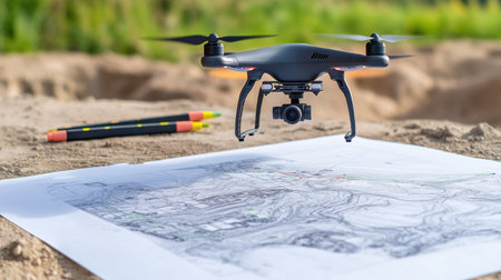 Digital terrain modeling printout next to markers and aerial drone photos on a civil engineers tableの素材