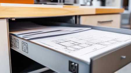 Drawing cabinet open with labeled project folders, blueprints, and engineering stampsの素材