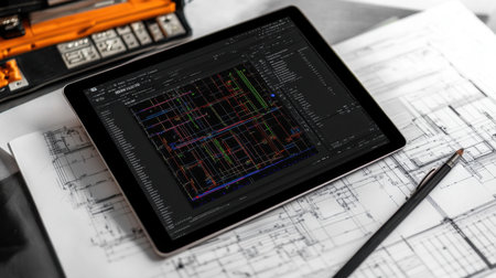 Digital tablet displaying structural load analysis software, next to printed plans and measurement toolsの素材