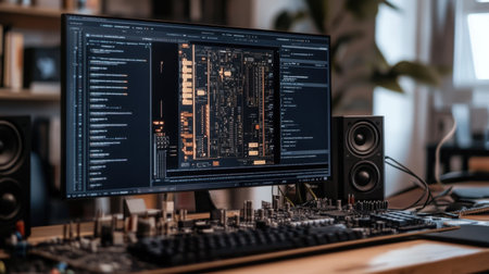 Digital signal processing board with audio analysis software open on nearby monitorの素材