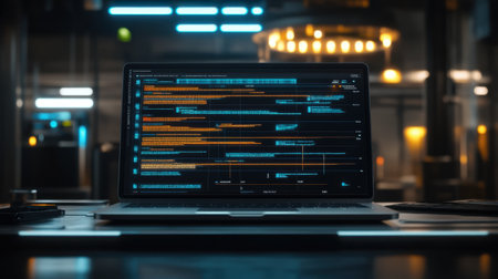 Digital timeline with milestones and task dependencies displayed on a laptop screen beside technical specsの素材