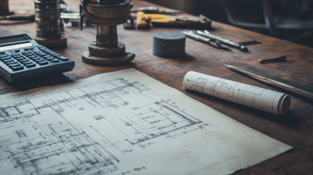 Drawing tools, calculator, and rolled architectural blueprints on an engineering workbench with concrete samplesの素材