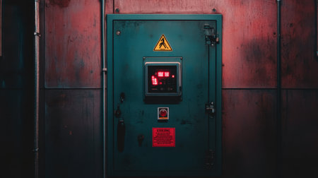 Electrical panel with warning signs, arc flash labels, and restricted access notices clearly visibleの素材