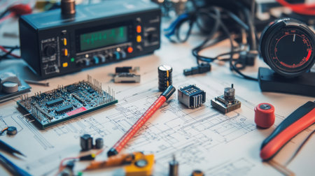 Electrical schematics spread across a desk with a digital oscilloscope and waveform generator nearbyの素材