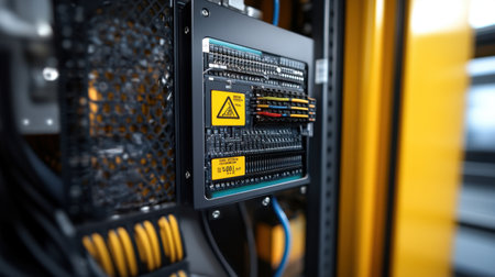 Electrical enclosure cabinet with warning labels, wiring diagrams, and thermal imagesの素材