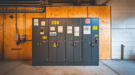 Electrical enclosure cabinet with warning labels, wiring diagrams, and thermal imagesの素材