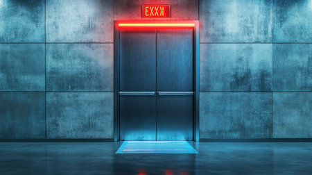Emergency exit door with illuminated signage, panic bar, and floor markings in clean conditionの素材