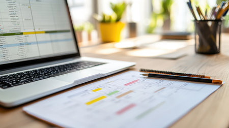 Engineering plan rollout with task matrix, site images, and schedule projections laid outの素材