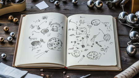 Engineering notebook with hand-drawn diagrams and formulas beside ball bearings and steel samplesの素材