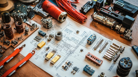 Engineering diagrams and electrical schematics laid out on a desk, with technical annotations and part numbersの素材