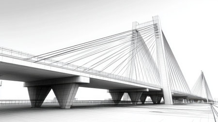 Engineering drawings of a bridge showing load distribution, cable stays, and pillar placementsの素材