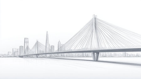 Engineering drawings of a bridge showing load distribution, cable stays, and pillar placementsの素材