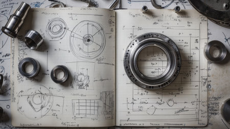 Engineering notebook with hand-drawn diagrams and formulas beside ball bearings and steel samplesの素材