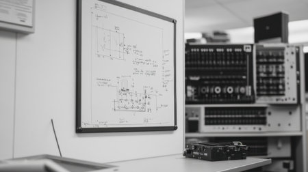 Engineering whiteboard with hand-drawn voltage dividers, waveforms, and component formulasの素材