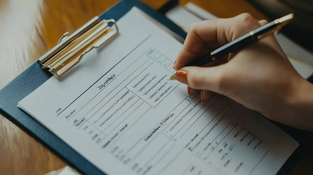 Environmental compliance checklist with regulatory codes and risk assessments open on clipboardの素材