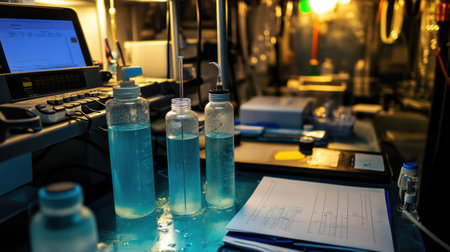 Environmental engineers workstation with water sample bottles, pH meter, and environmental regulations binderの素材