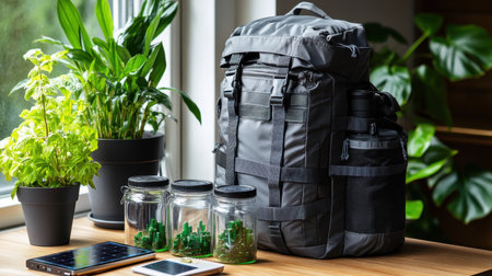 Environmental engineers backpack with sample jars, GPS, field notebook, and solar chargerの素材