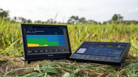 Environmental monitoring system with sensors, data logger, and network interface displayed on control screenの素材