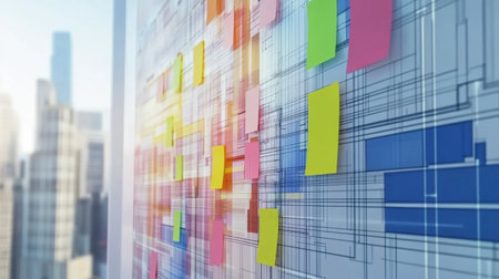 Engineering project planning board with Gantt charts, blueprints, and milestones highlighted on sticky notesの素材