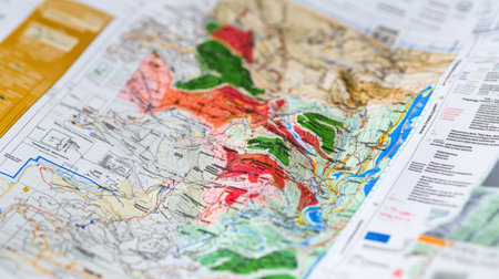 Environmental permitting documents with maps, signatures, and impact zones highlightedの素材