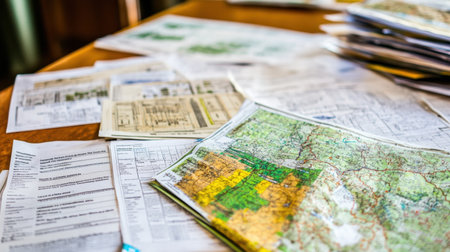 Environmental permitting documents with maps, signatures, and impact zones highlightedの素材