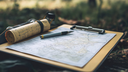 Equipment checklist, field survey notes, and land parcel maps clipped together on a clipboardの素材