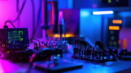 Fiber optic cables and connectors beside test meter and signal loss graphs in a fiber labの素材