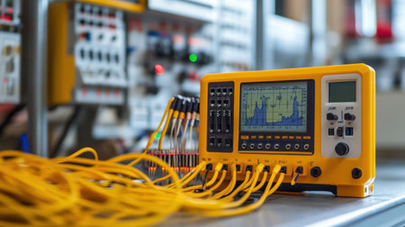 Fiber optic cables and connectors beside test meter and signal loss graphs in a fiber labの素材