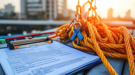 Fall protection plan documents on clipboard beside rooftop anchor point inspection setupの素材