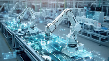 Factory floor showing precision CNC machines in operation, tool holders nearby and labeled parts binsの素材