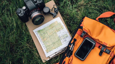 Equipment checklist, field survey notes, and land parcel maps clipped together on a clipboardの素材