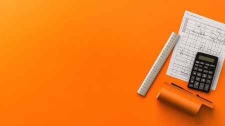 Flat lay of engineering project tools scale ruler, blueprint tube, timeline chart, and engineering calculatorの素材