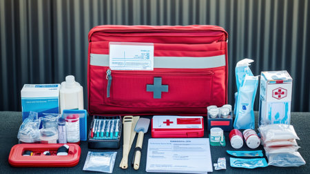 First aid station with fully stocked kit, defibrillator, and emergency contact sheetの素材