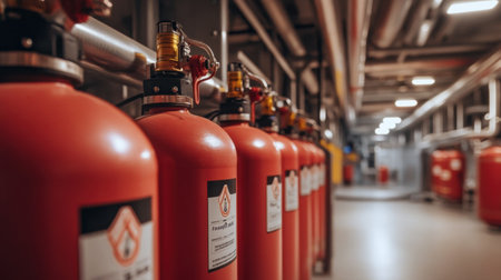 Fire extinguisher station with labeled equipment, inspection tags, and emergency signageの素材